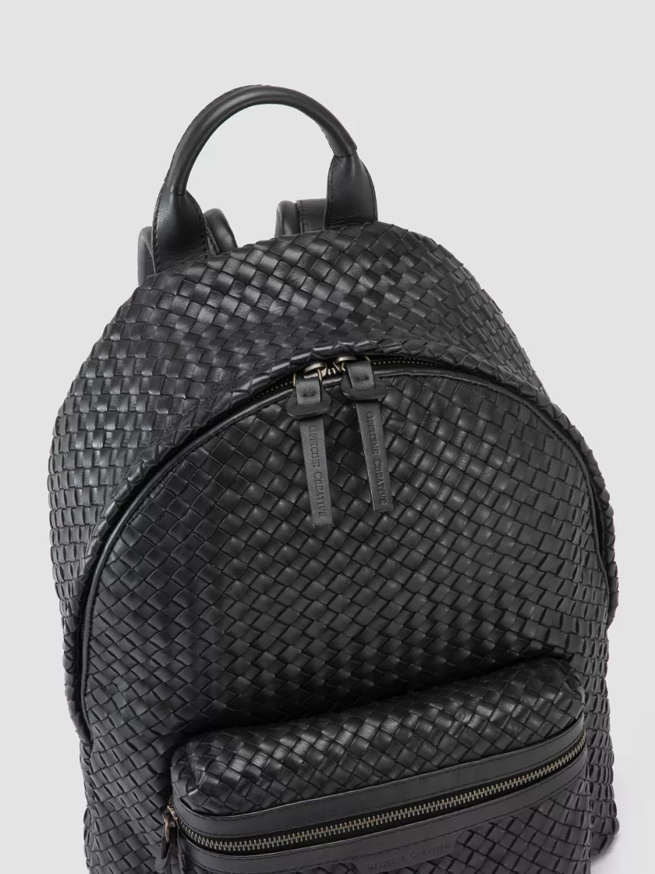 Officine Creative Backpacks>OC CLASS 069 - Black Leather Backpack NERO